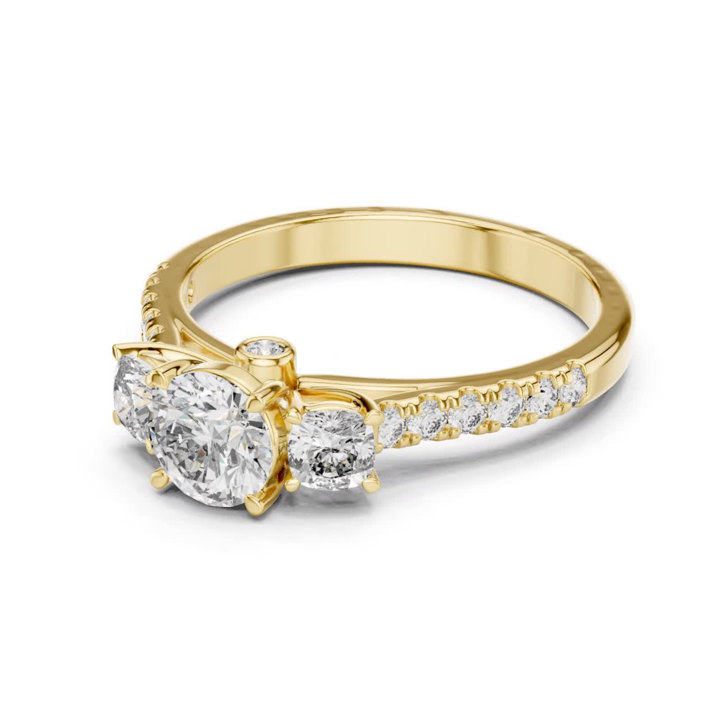 Yellow gold three stone diamond ring side angle
Round diamond ring with yellow gold band view
Yellow gold ring with three round diamonds
Side profile of yellow gold diamond ring
Yellow gold diamond ring with pavé shank
Angled yellow gold three stone ring design
Round brilliant yellow gold diamond ring
Yellow gold diamond ring with polished band
Classic yellow gold three diamond ring view
Yellow gold round diamond engagement ring