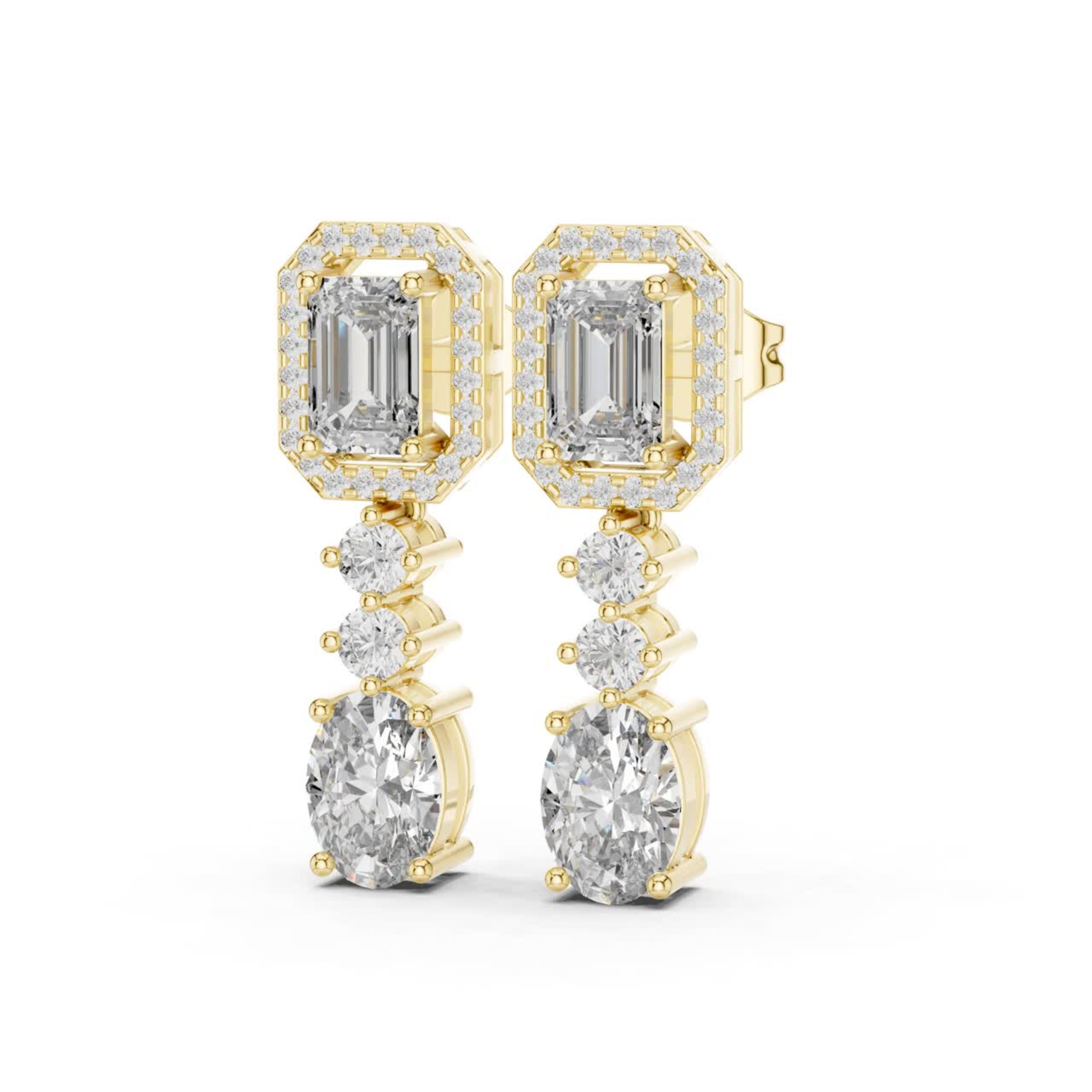 Side view diamond drop earrings in yellow gold
Yellow gold emerald halo diamond dangle earrings side view
Side angle oval diamond drop earrings with halo top
Luxury yellow gold diamond drop earrings side view
Emerald cut halo diamond earrings with oval drops
Yellow gold multi stone diamond dangle earrings
Side profile geometric diamond drop earrings
Elegant yellow gold diamond statement earrings
Oval and emerald cut diamond drop earrings side angle
Yellow gold diamond earrings with prong setting side view