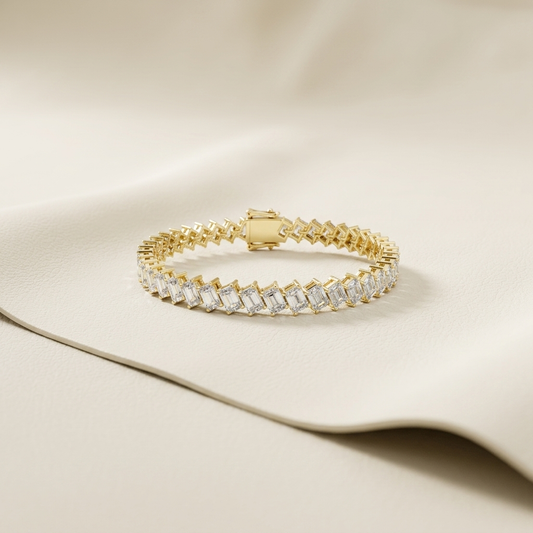 Yellow gold slanted baguette diamond link bracelet
Diagonal rectangular diamond bracelet with geometric links
Luxury tilted baguette stone bracelet in yellow gold
Angled step cut diamond bracelet on ivory surface
Modern zigzag diamond line bracelet with gold clasp
Sophisticated diagonal baguette bracelet jewelry design
Statement yellow gold bracelet with tilted rectangular diamonds
Geometric step cut diamond bracelet product close up
Contemporary slant set diamond bracelet in polished gold
Designer baguette