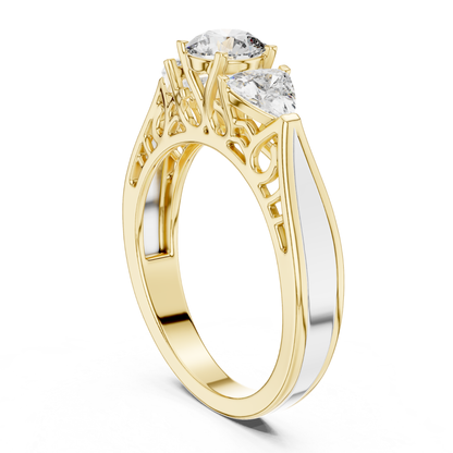 Yellow gold three stone diamond ring gallery view
Yellow gold ring with round and trillion diamonds
Three stone diamond ring with filigree gallery
Yellow gold diamond ring side gallery
Open gallery three stone diamond ring
Yellow gold ring with raised diamond setting
Filigree gallery yellow gold diamond ring
Three stone engagement ring in yellow gold
Yellow gold ring with polished band
Three stone diamond ring with openwork gallery