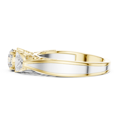 Yellow gold three stone diamond ring side view
Side profile of yellow gold diamond ring
Yellow gold ring with three diamond setting
Three stone diamond ring with split band
Yellow gold ring showing side gallery
Polished yellow gold three stone ring
Side angle yellow gold diamond ring
Gold ring with round and trillion diamonds
Yellow gold engagement ring side profile
Three stone yellow gold diamond ring band