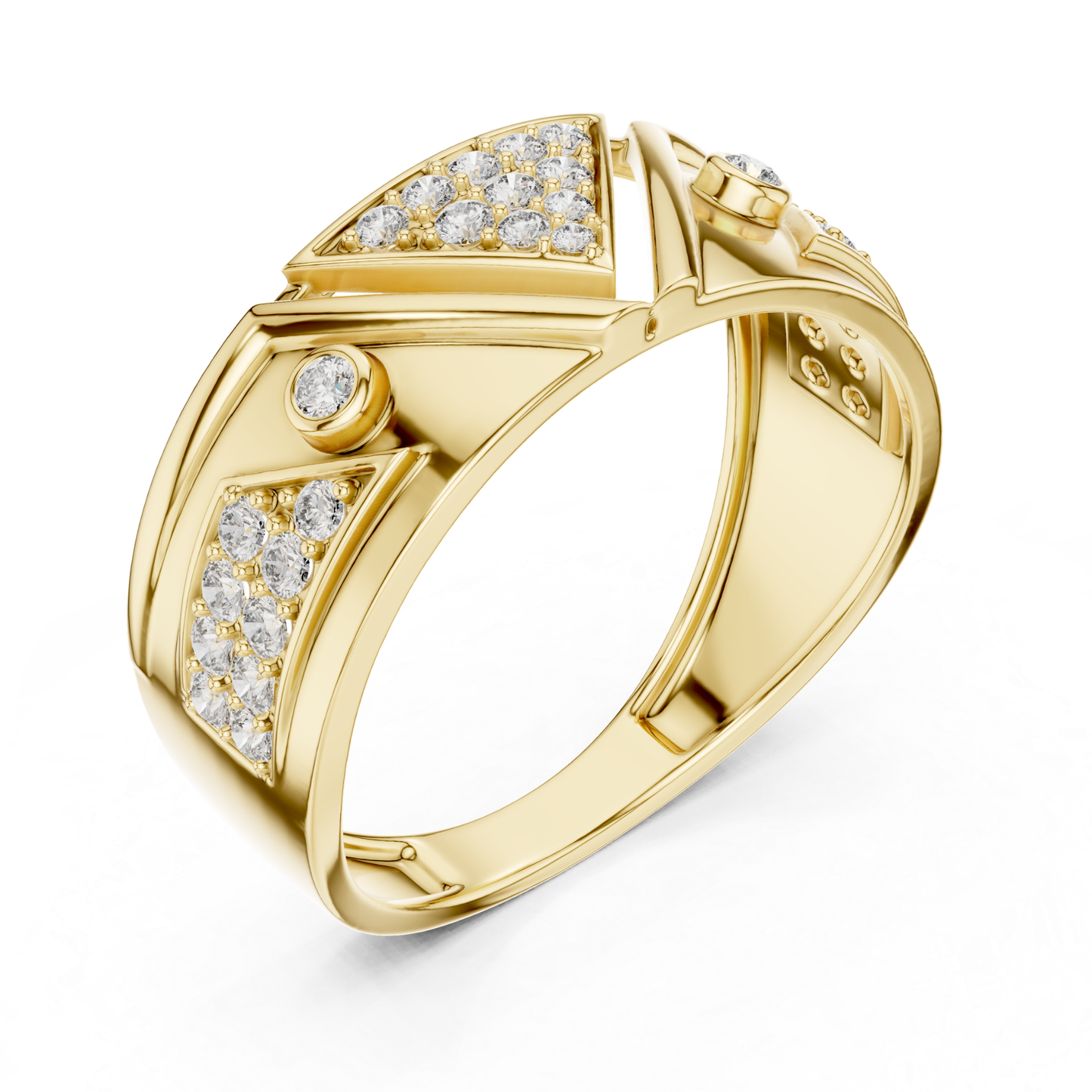 Yellow gold triangle geometric diamond ring design
Modern yellow gold angular diamond statement ring
Yellow gold abstract triangle cluster diamond ring
Contemporary yellow gold geometric fashion band ring
Yellow gold wide band with triangle diamonds
Luxury yellow gold architectural diamond ring style
Yellow gold polished geometric statement band ring
Bold yellow gold triangle diamond fashion ring
Elegant yellow gold abstract geometric ring design
Yellow gold modern triangle cluster diamond band