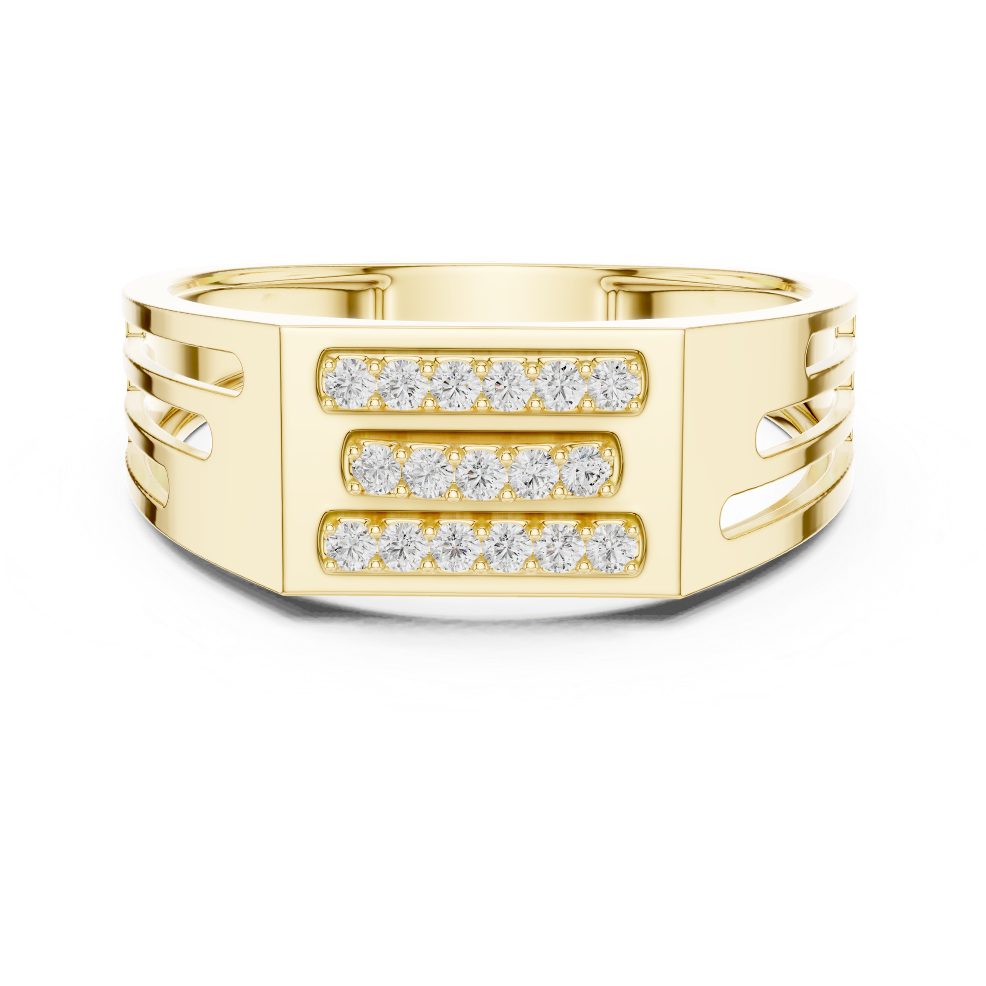 Yellow gold triple row diamond bar ring front view
Modern yellow gold ring with three diamond rows
Wide yellow gold band featuring round diamonds
Geometric yellow gold diamond statement ring
Contemporary yellow gold bar design diamond ring
Round diamond triple line ring in yellow gold
Bold yellow gold diamond band with clean lines
Yellow gold rectangular top ring with diamonds
Luxury yellow gold wide band diamond ring
Polished yellow gold ring with three diamond channels