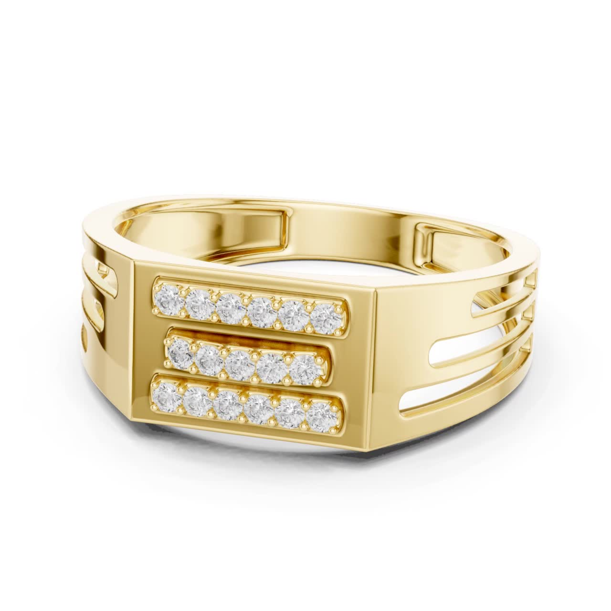 Yellow gold triple row round diamond ring
Round diamond yellow gold statement band ring
Yellow gold geometric diamond ring front view
Modern yellow gold triple diamond row ring
Wide band yellow gold ring with diamonds
Yellow gold designer ring with round diamonds
Contemporary yellow gold diamond band ring
Yellow gold luxury triple row diamond ring
Bold yellow gold round diamond fashion ring
Yellow gold structured diamond band design