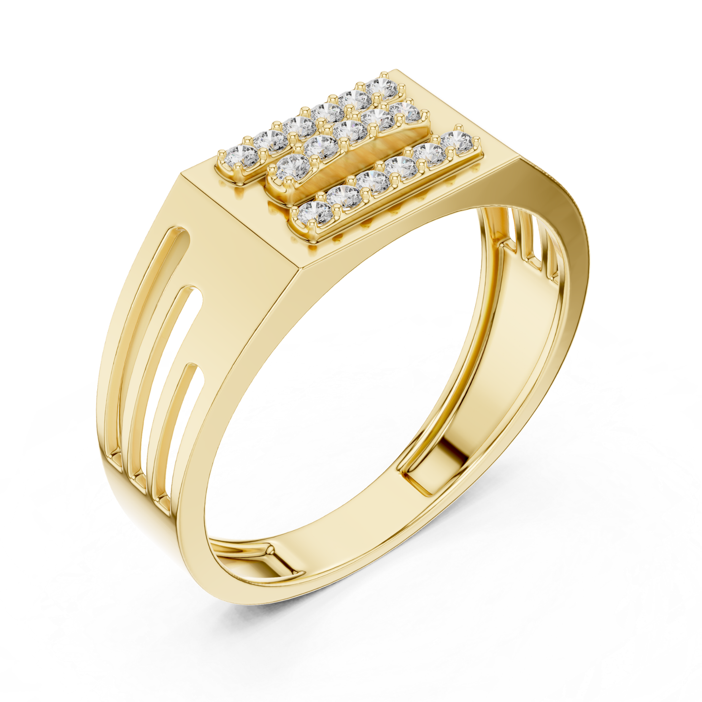 Angled view yellow gold triple row diamond ring
Yellow gold round diamond ring perspective view
Triple row yellow gold statement diamond ring
Modern yellow gold geometric diamond band ring
Wide band yellow gold ring with round diamonds
Yellow gold designer ring with triple diamond rows
Contemporary yellow gold diamond fashion ring
Luxury yellow gold triple row diamond ring
Yellow gold structured band with round diamonds
Bold yellow gold diamond ring angled profile