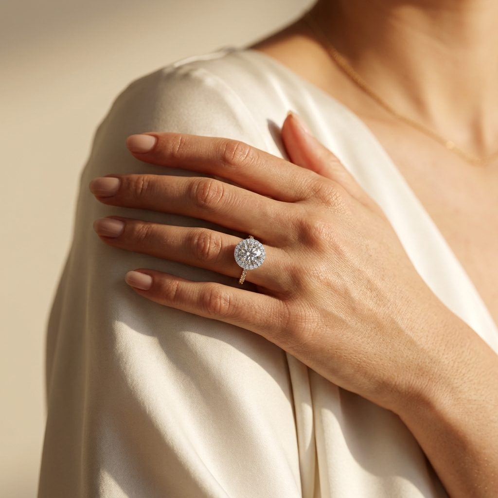 Rund geschliffener Doppel-Halo-Ring mit Steinbesatz | 18 Karat Gold
