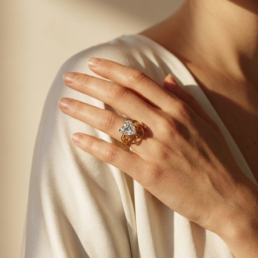 Herzförmiger Diamantring mit Bandschlaufen-Detail | Edles 18K Gold