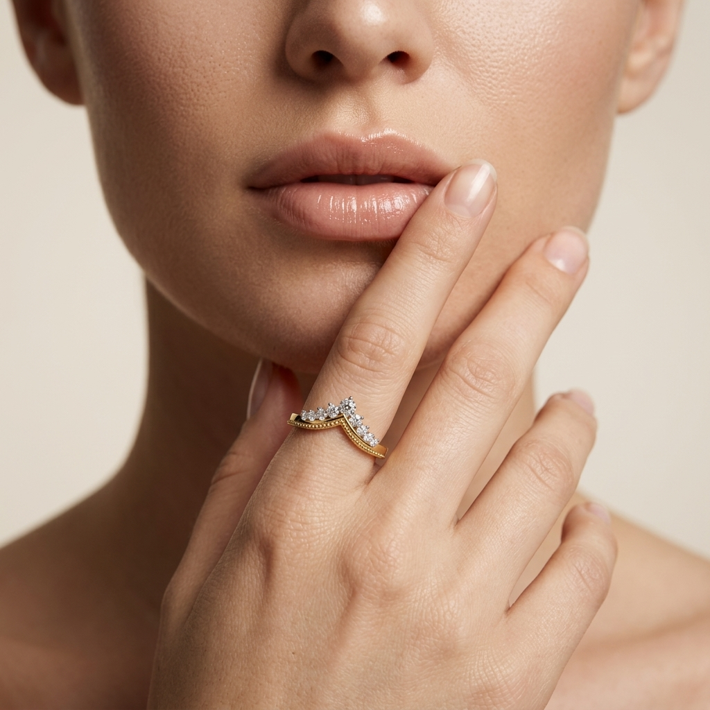 Round Diamond Curved Chevron Wedding Band