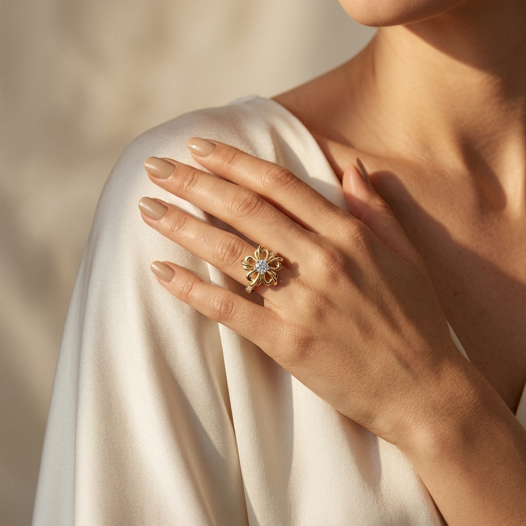 Blumenförmiger Diamantring | Runder Mittelstein | 18K Gold Feiner Schmuck