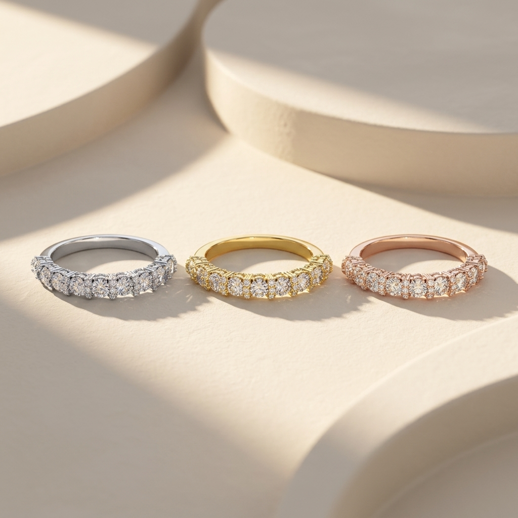 White yellow and rose gold bands with clustered round diamond accents
Three polished bands featuring graduated brilliant diamond arrangements
Tricolor gold bands with alternating large and petite sparkling stones
Elegant diamond bands showcasing richly layered cluster settings
Brilliant round diamonds arranged across three refined gold finishes
Fine jewelry band trio featuring textured diamond sequences
Radiant mixed gold bands with prominent stones and delicate side clusters
Sculptural three tone bands com