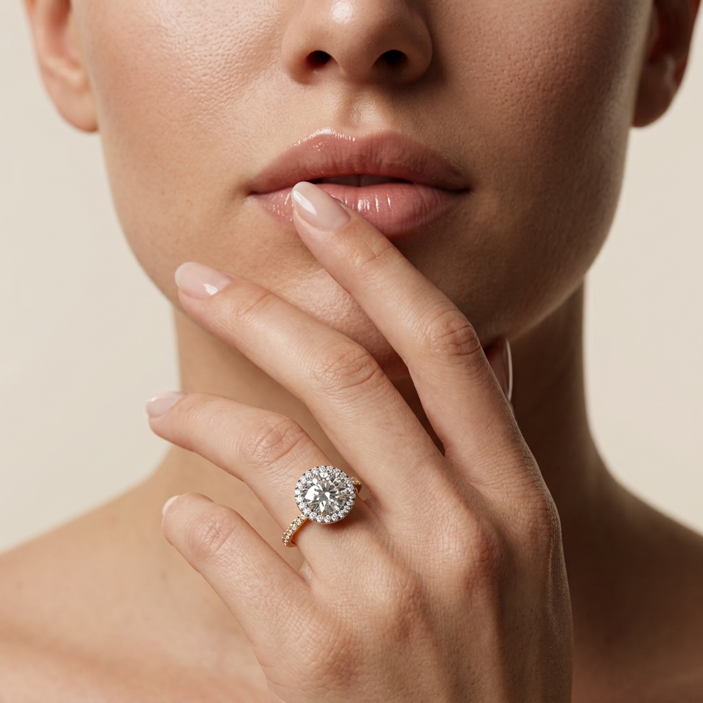 Rund geschliffener Doppel-Halo-Ring mit Steinbesatz | 18 Karat Gold