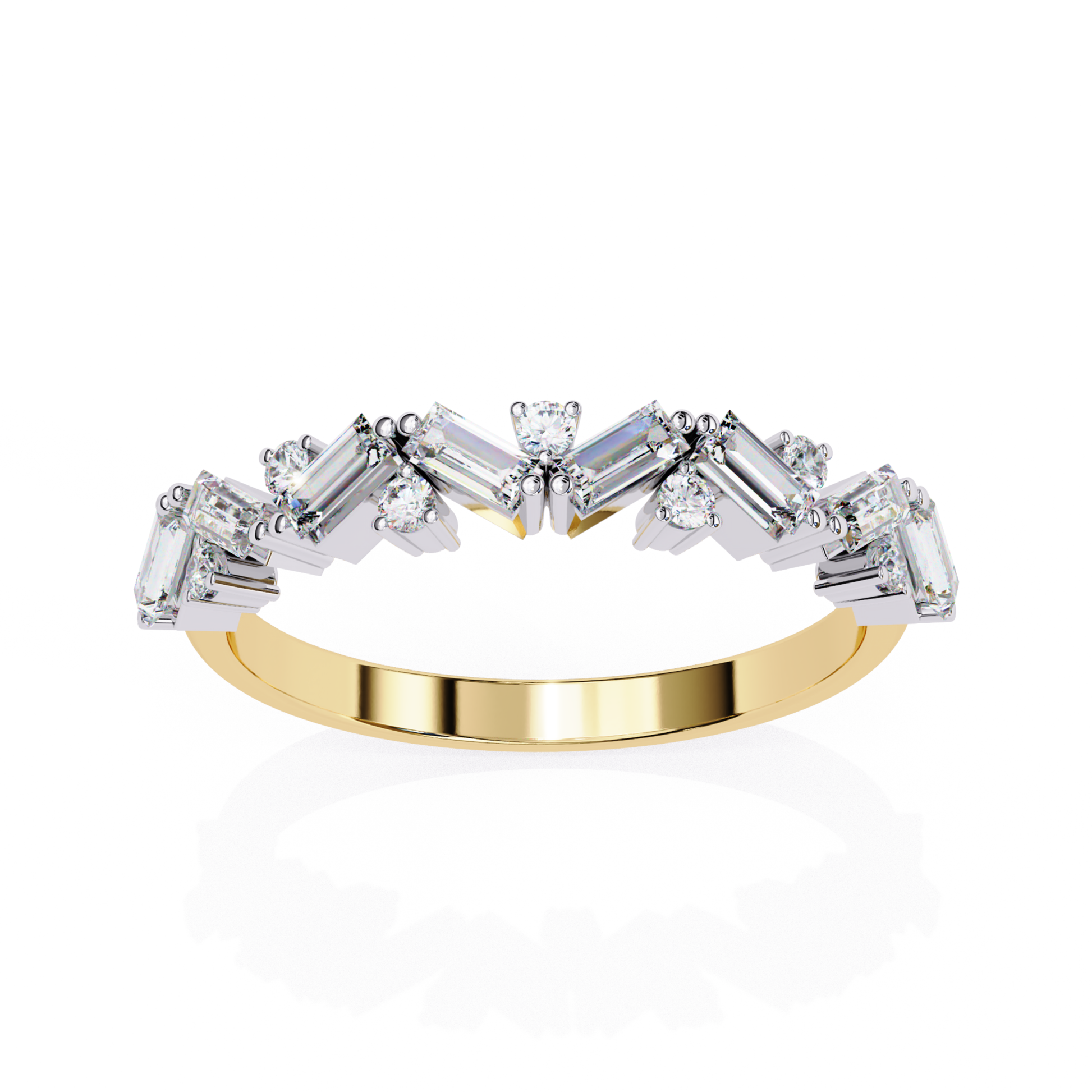 Side view of a yellow gold band with baguette and round diamonds set along the top
