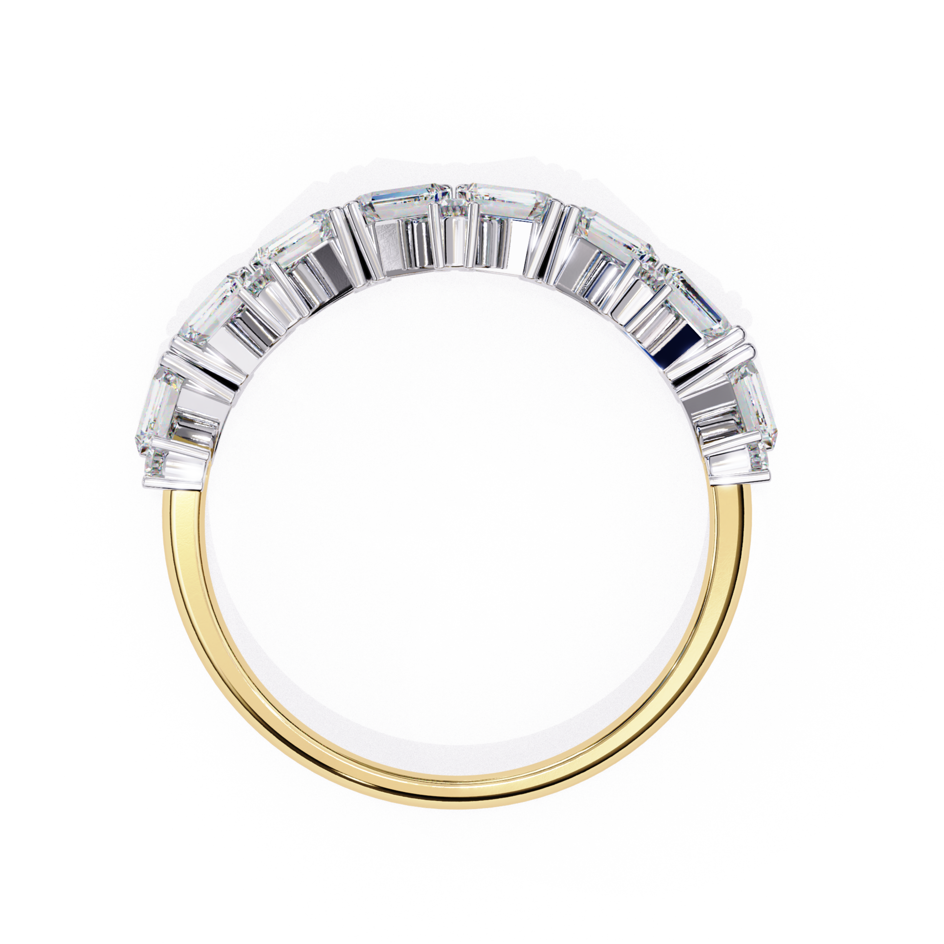 Angled side view of a rose gold ring with baguette cut diamonds in a curved setting
