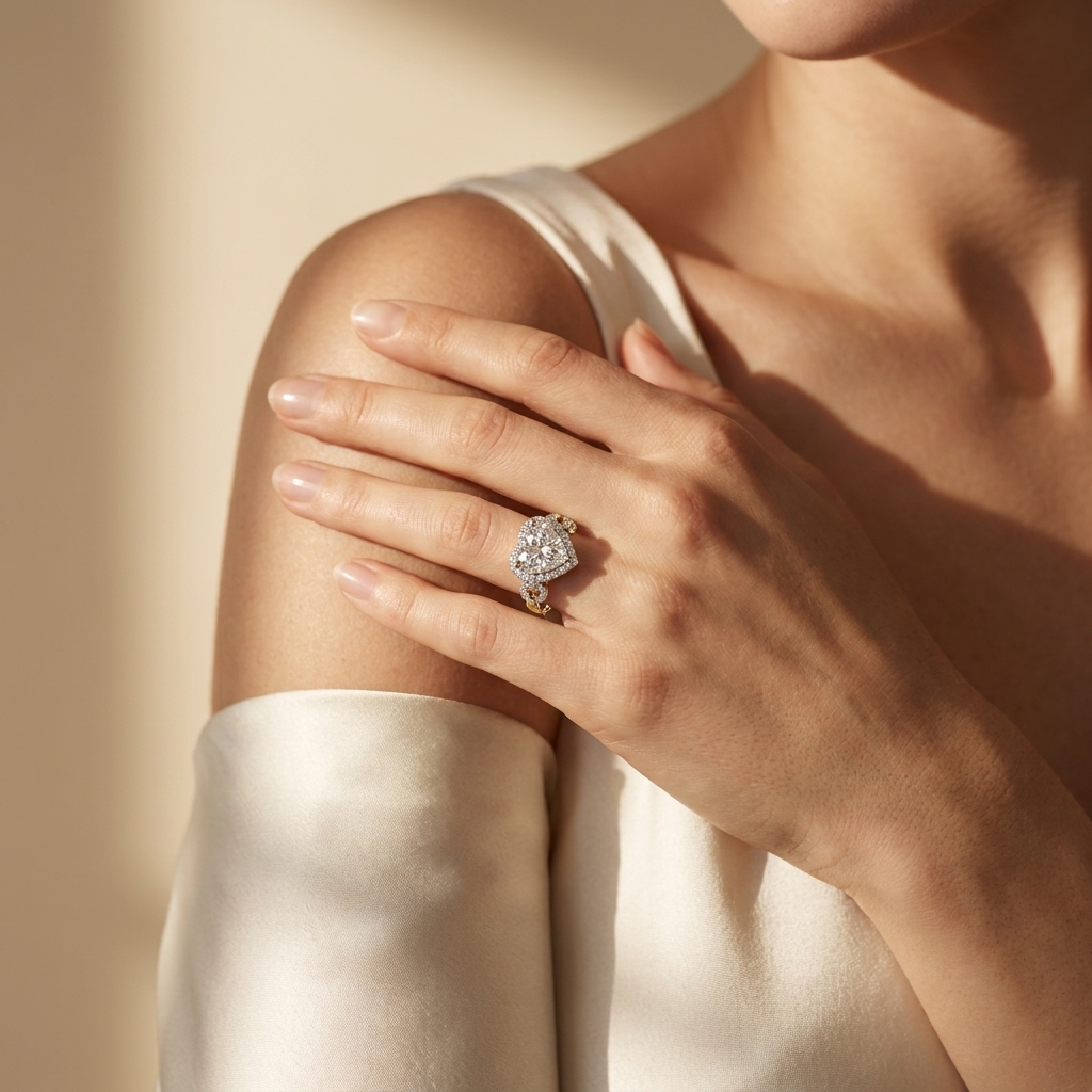 0.88 Carat Heart & Round Cut Lab Grown Heart Halo Diamond Ring