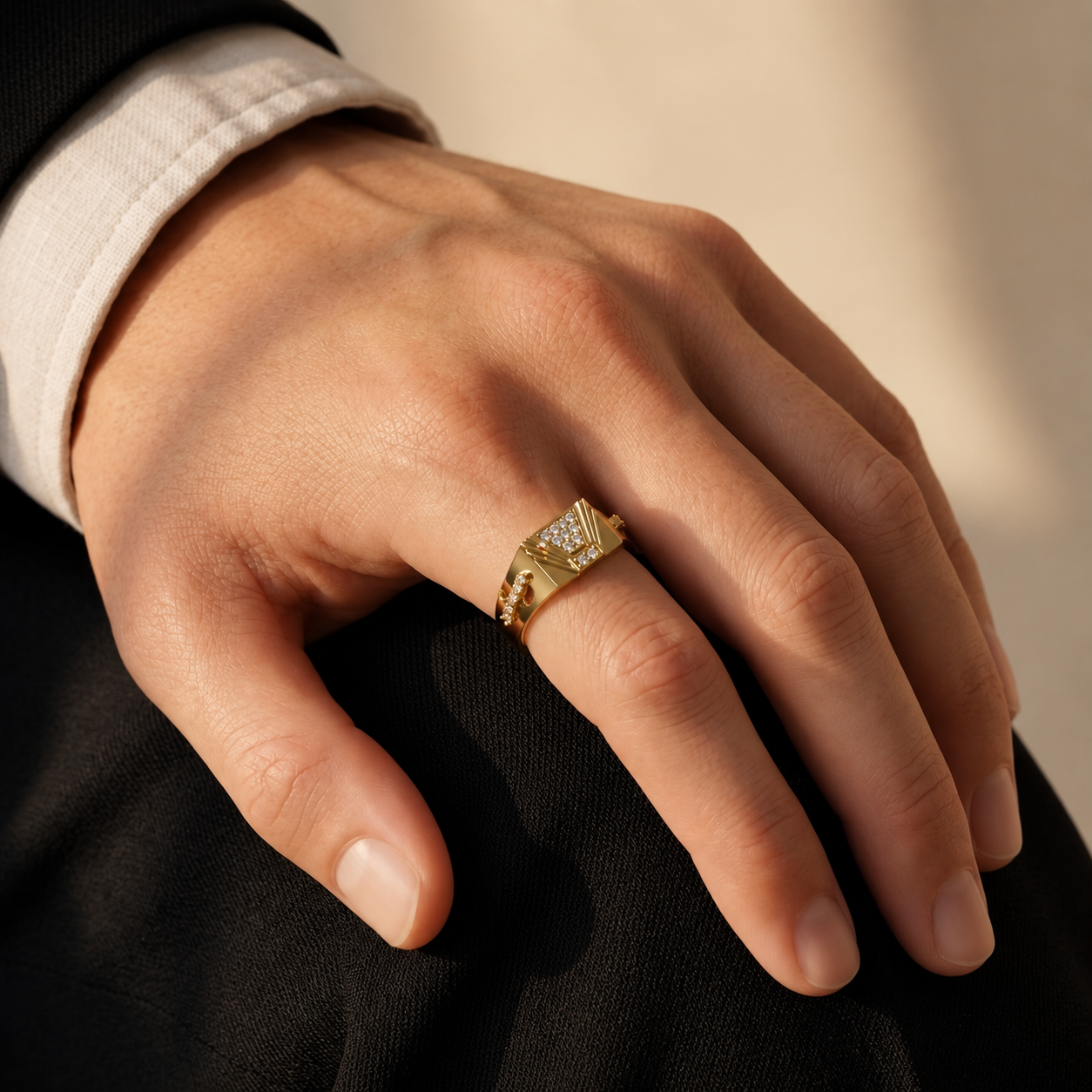 Round Lab Grown Diamond Geometric Signet Ring