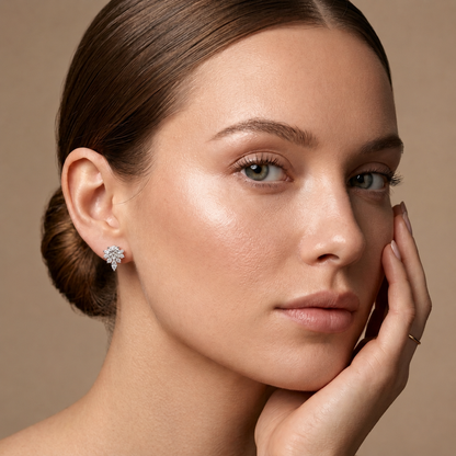 Round Diamond Stud Earrings with Marquise Drop Accent