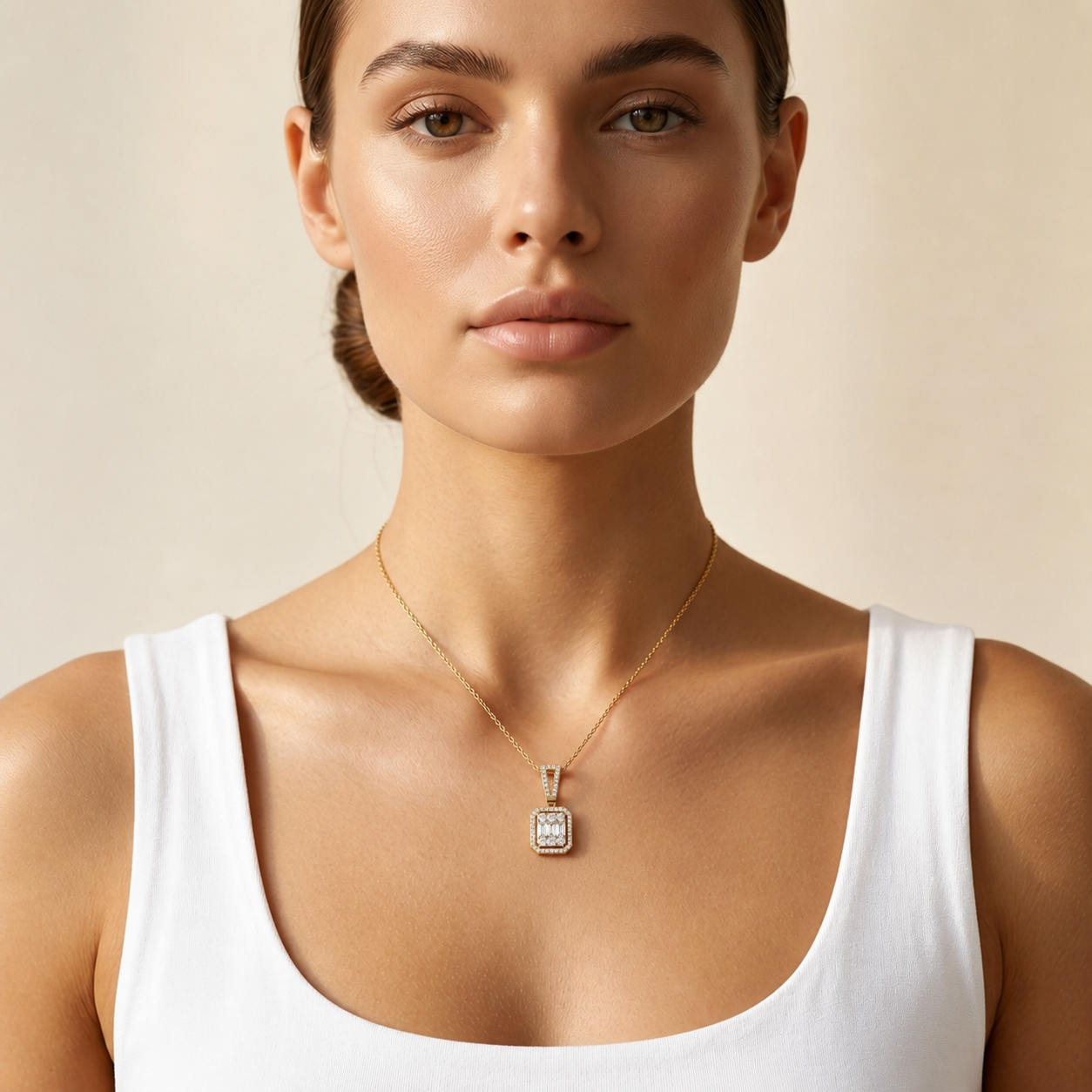 0.766 Carat Round & Baguette Cut Lab Grown Diamond Halo Pendant