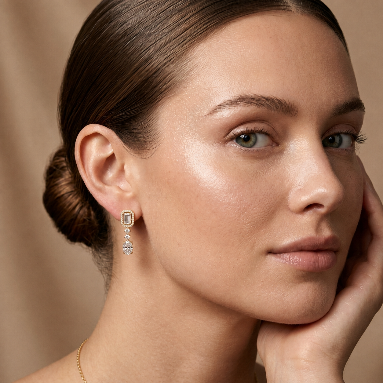 Emerald Oval Round Lab Grown Diamond Drop Earrings
