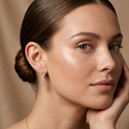 Emerald Oval Round Lab Grown Diamond Drop Earrings