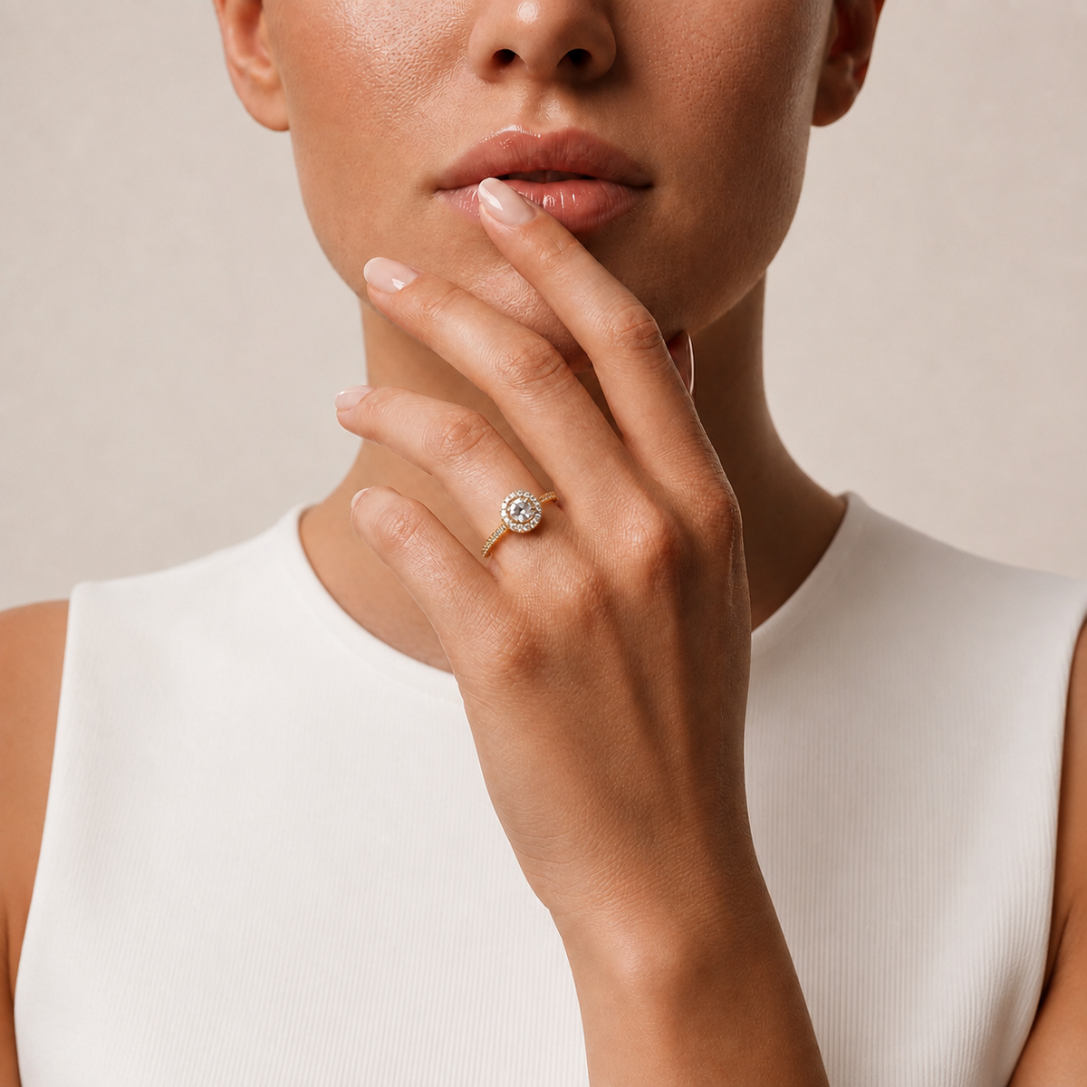 Round Diamond Halo Engagement Ring with Pavé Band