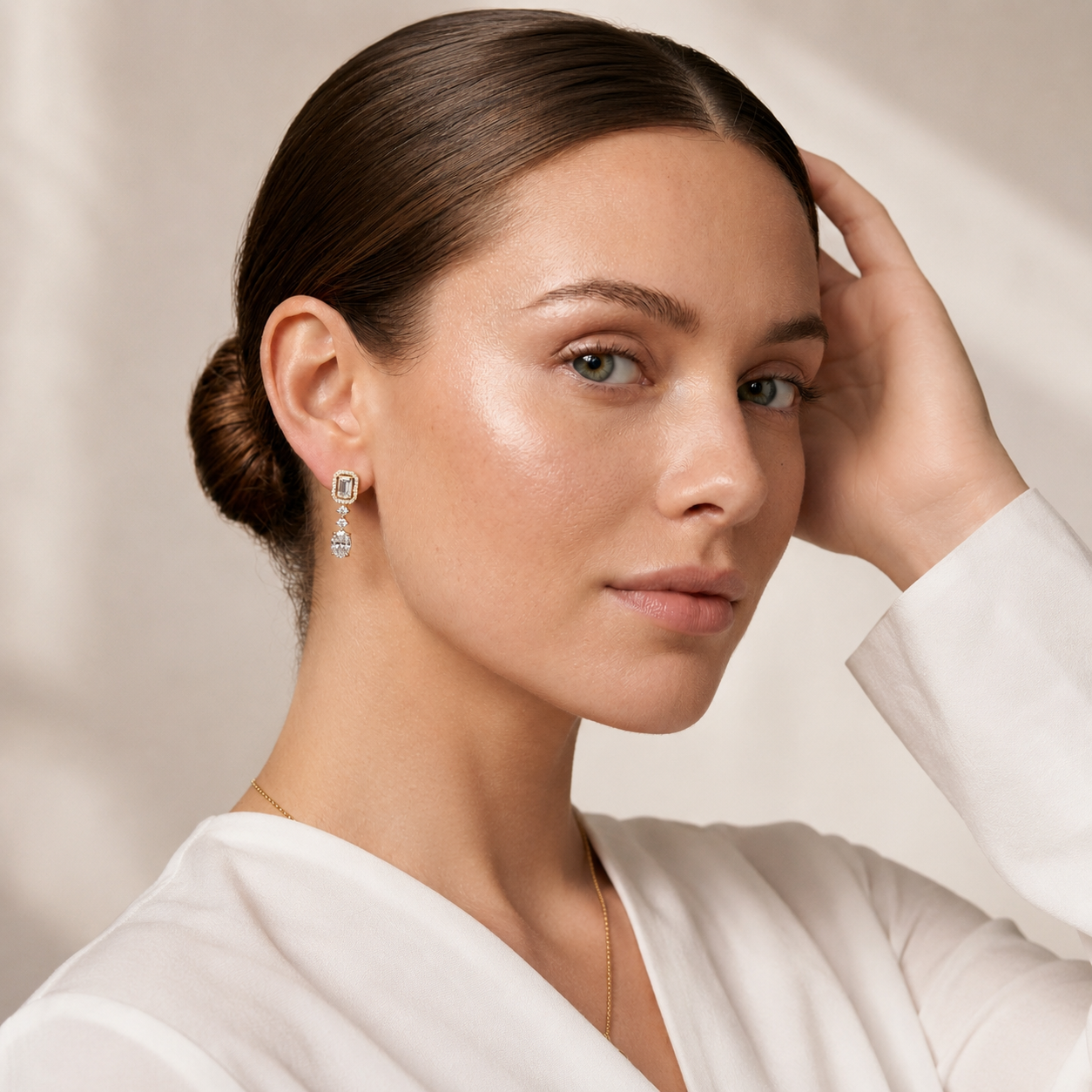 Emerald Oval Round Lab Grown Diamond Drop Earrings