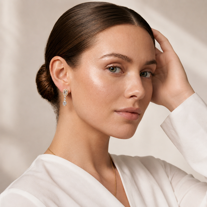 Emerald Oval Round Lab Grown Diamond Drop Earrings