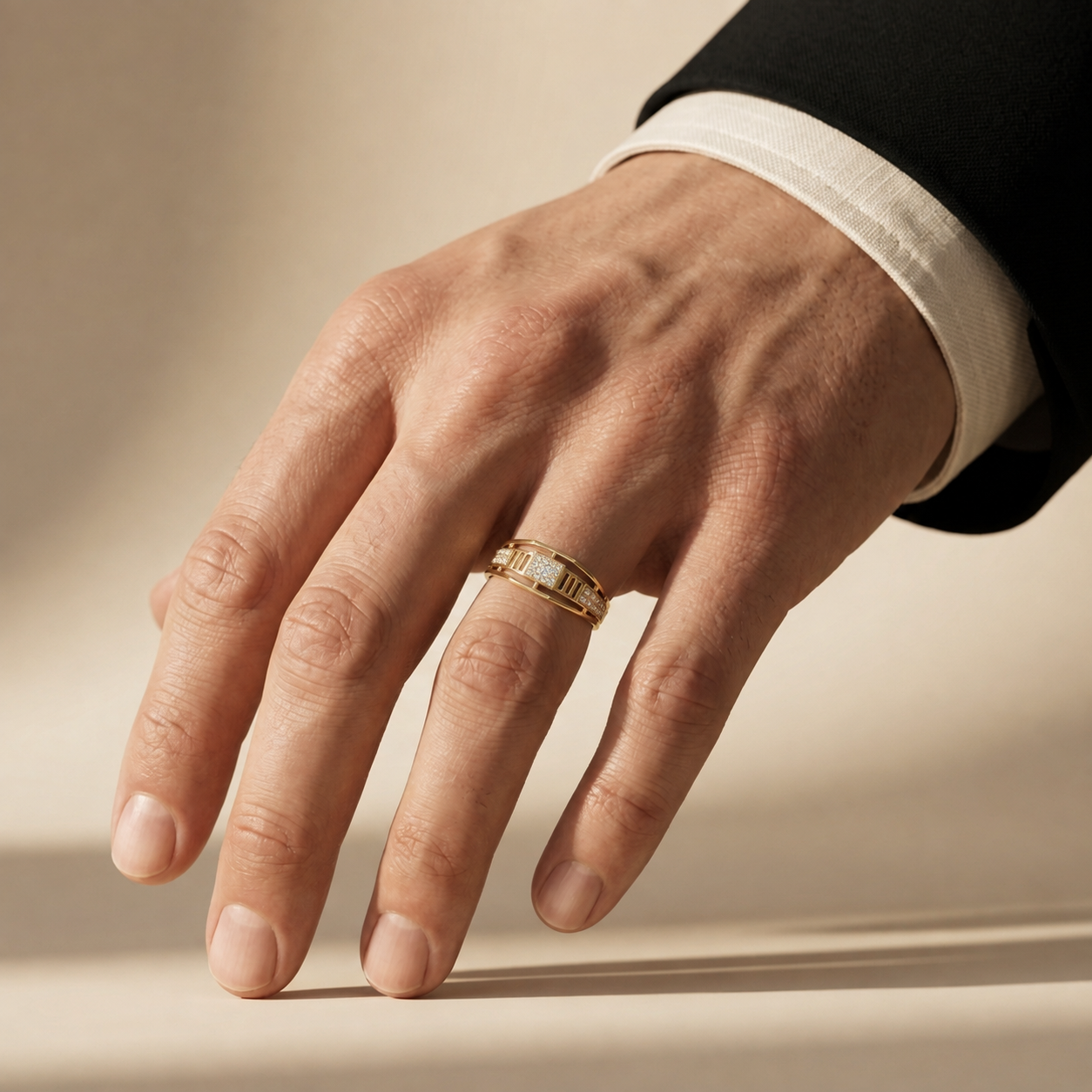 Round Lab Grown Diamond Architectural Statement Ring in Yellow Gold