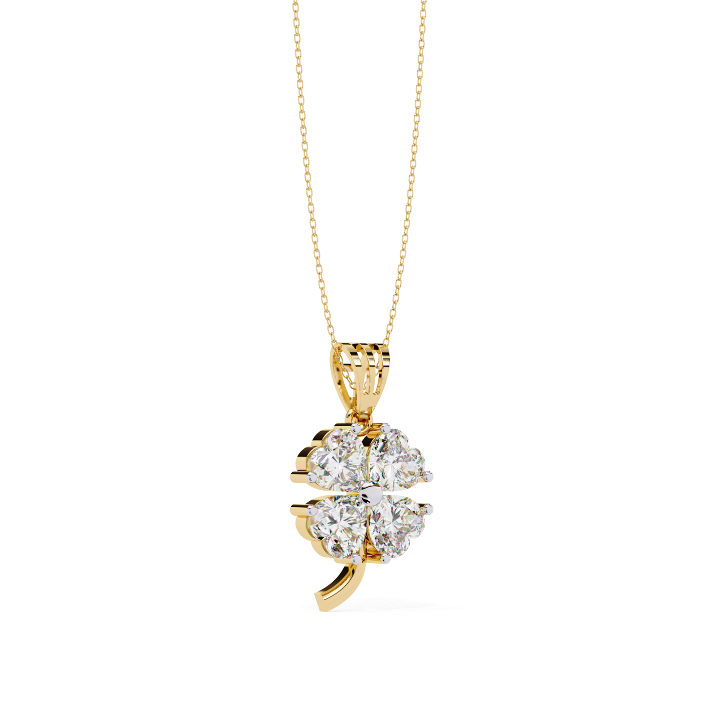 Side view of yellow gold diamond clover pendant
Yellow gold four leaf diamond pendant profile
Angled yellow gold clover diamond necklace
Side angle lucky clover diamond pendant
Yellow gold floral diamond pendant side view
Diamond clover pendant with gold setting
Elegant side profile diamond clover pendant
Yellow gold clover charm with diamonds
Luxury gold diamond clover pendant angle
Side perspective of gold clover necklace