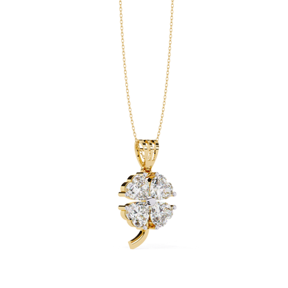 Side view of yellow gold diamond clover pendant
Yellow gold four leaf diamond pendant profile
Angled yellow gold clover diamond necklace
Side angle lucky clover diamond pendant
Yellow gold floral diamond pendant side view
Diamond clover pendant with gold setting
Elegant side profile diamond clover pendant
Yellow gold clover charm with diamonds
Luxury gold diamond clover pendant angle
Side perspective of gold clover necklace