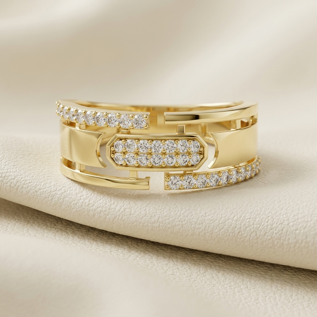 Round Lab Grown Diamond Open Architectural Statement Ring in Yellow Gold