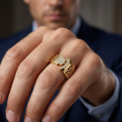 Round Lab Grown Diamond Geometric Statement Ring in Yellow Gold