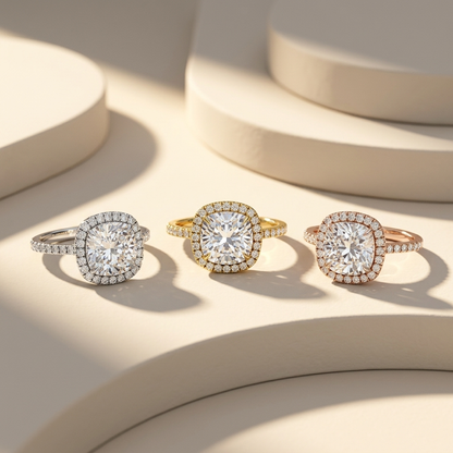 Lab grown cushion cut diamond halo engagement ring in 14K yellow gold
Cushion center diamond framed by a micro-pavé round halo
Yellow gold pavé-set band with matched accent diamonds
IGI certified cushion cut diamond halo ring, front view