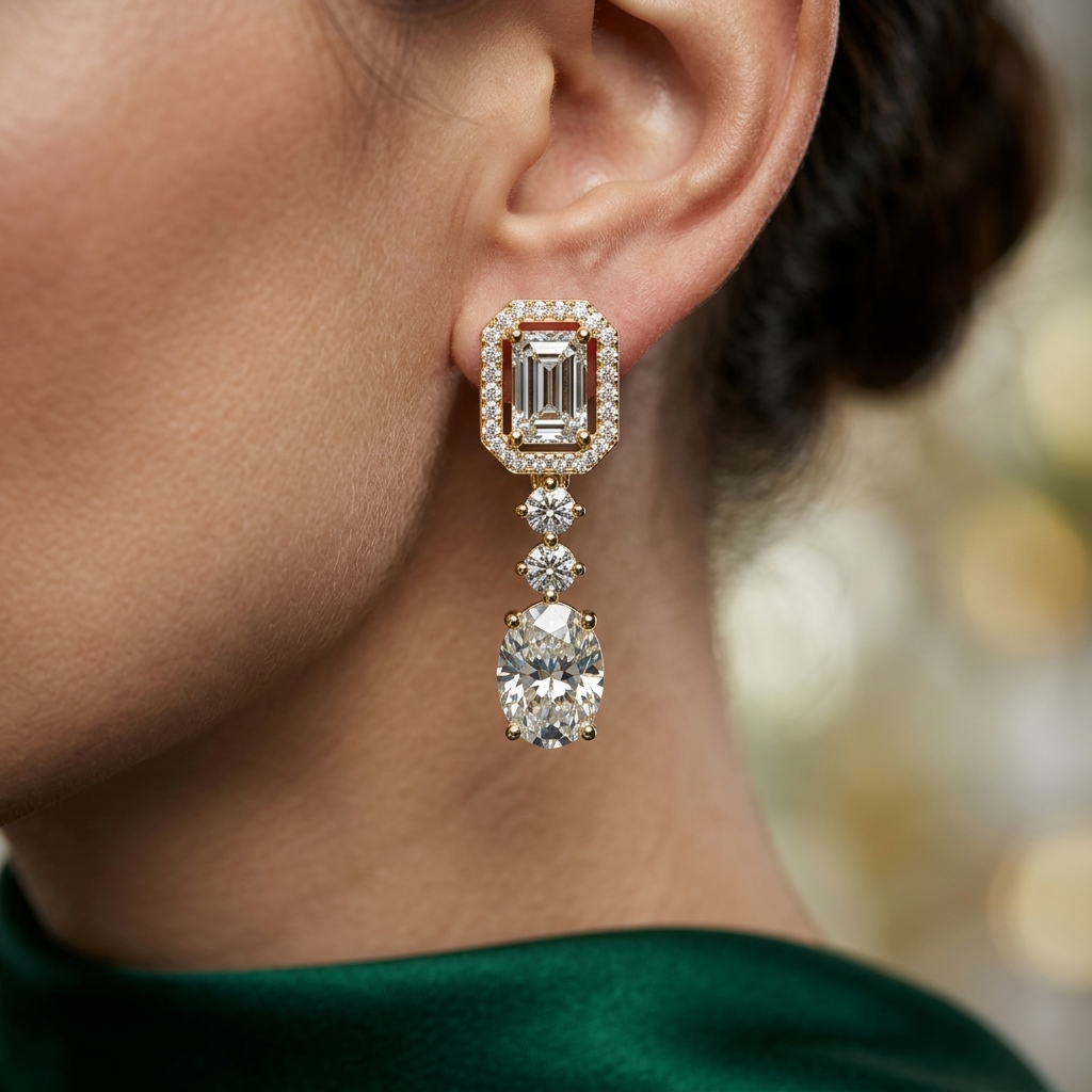 Emerald Cut Halo Drop Lab Grown Diamond Earrings