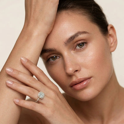 Lab grown cushion cut diamond halo engagement ring in 14K yellow gold
Cushion center diamond framed by a micro-pavé round halo
Yellow gold pavé-set band with matched accent diamonds
IGI certified cushion cut diamond halo ring, front view
