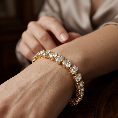 Luxury oval diamond bracelet featuring continuous lab grown diamonds in a classic tennis design.
