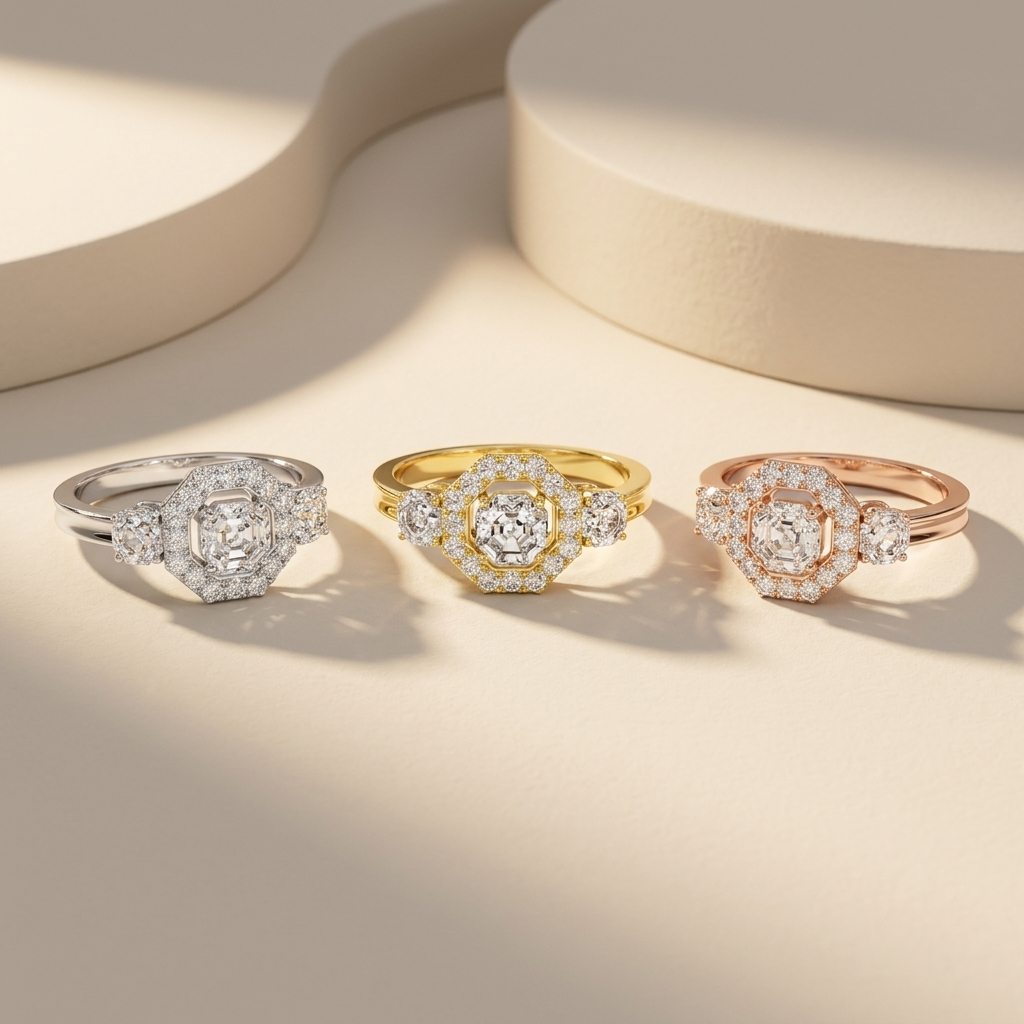 Oktagon-Halo-Ring mit drei Diamanten | Acht Seiten voller Brillanz