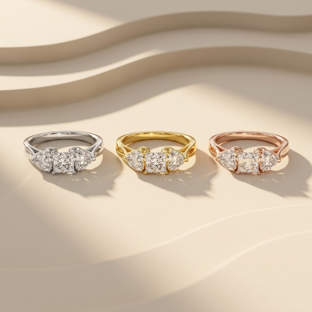 14K Gold Princess & Heart Three Stone Lab Grown Diamond Engagement Ring