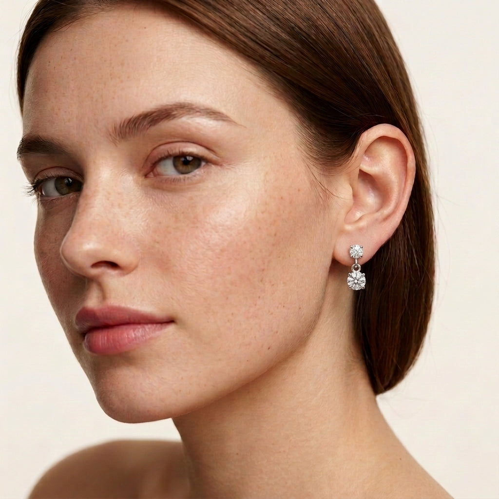 Round Diamond Double Drop Earrings