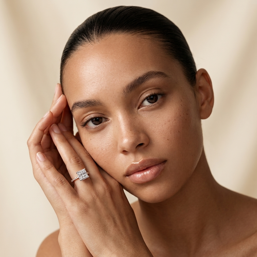 Prinzessschliff-Halo-Ring mit Diamantband-Details | 18K Gold