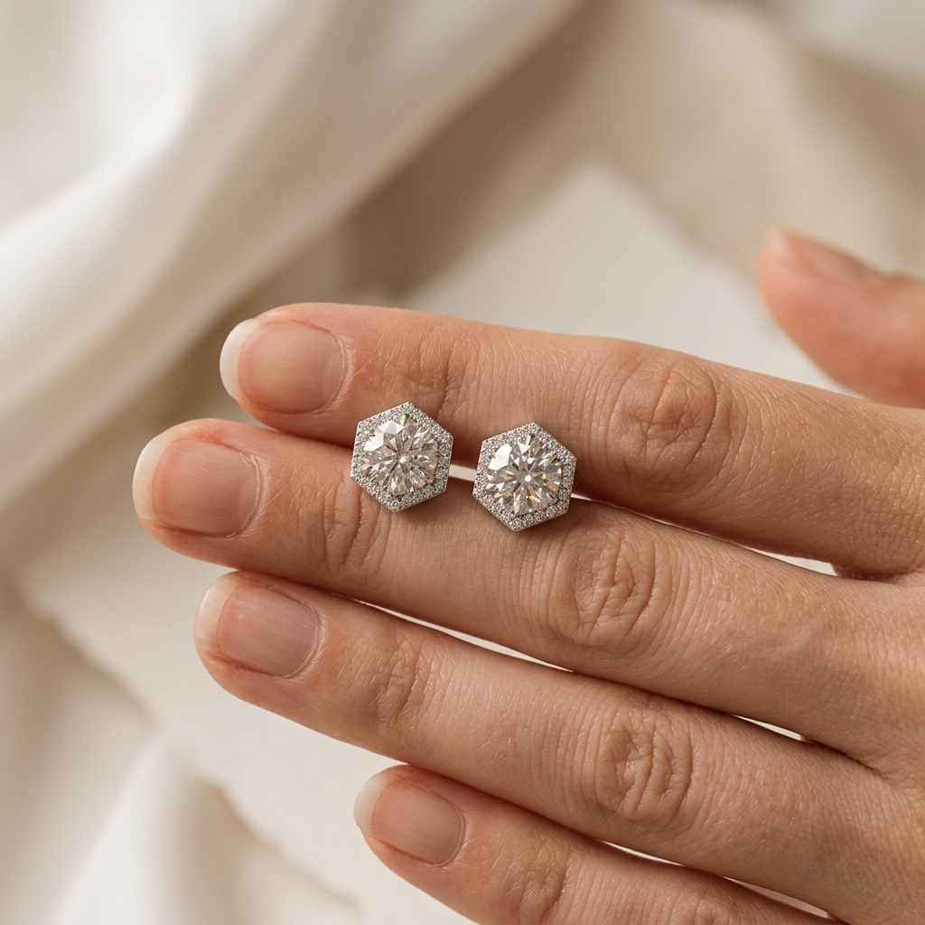 Diamant Hexa Rahmen Gold Ohrstecker | Feiner geometrischer Schmuck