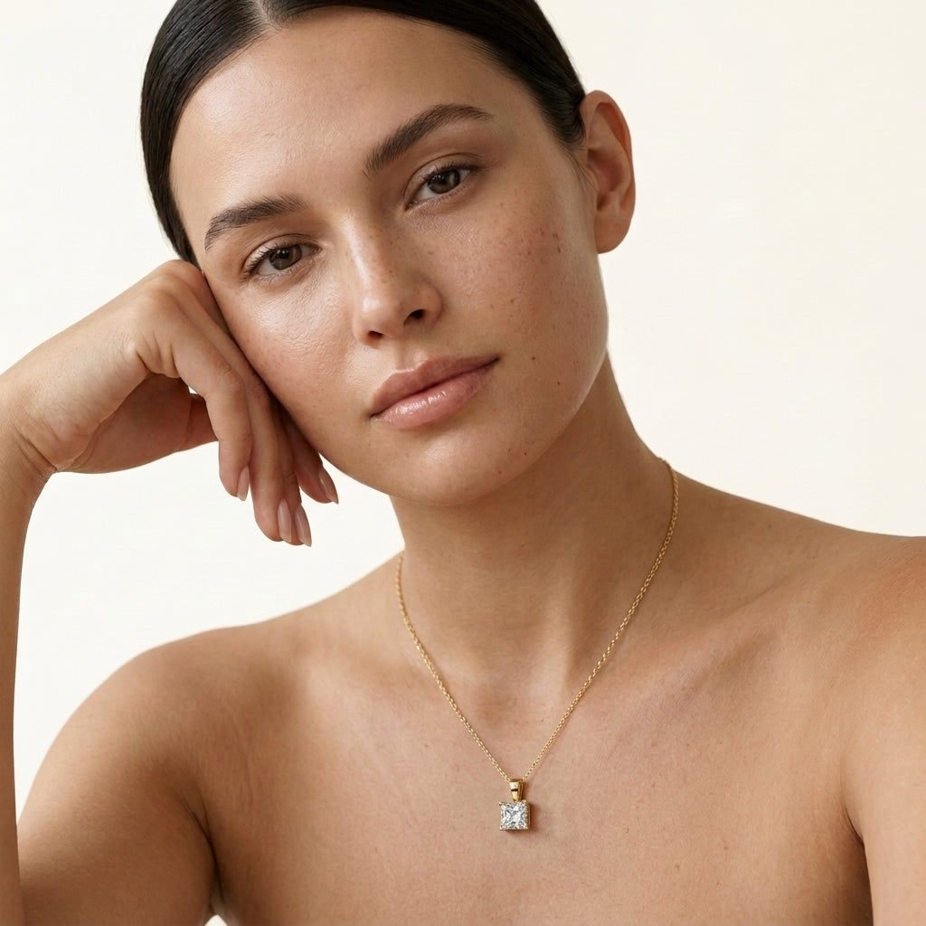 Princess Cut Lab Grown Diamond Four Prong Pendant Necklace
