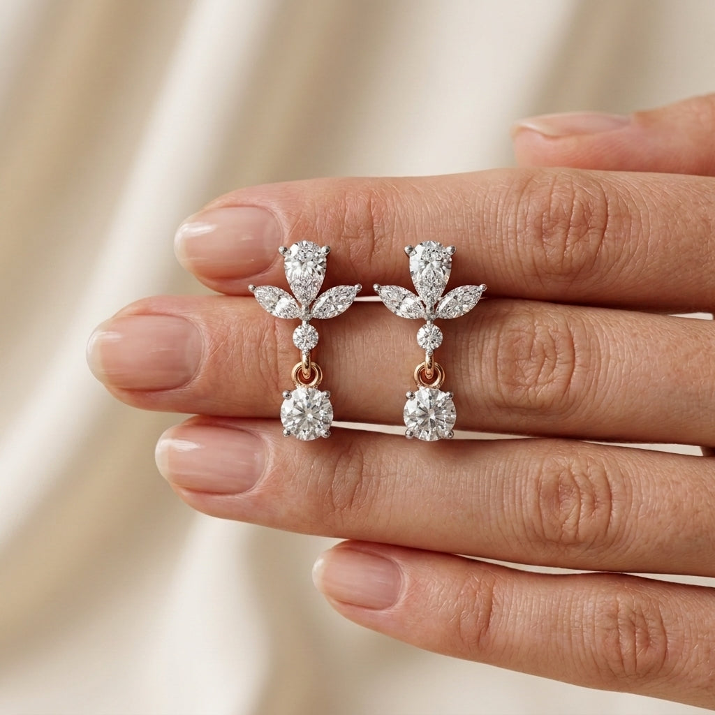 Pear, Marquise and Round Diamond Cluster Drop Earrings