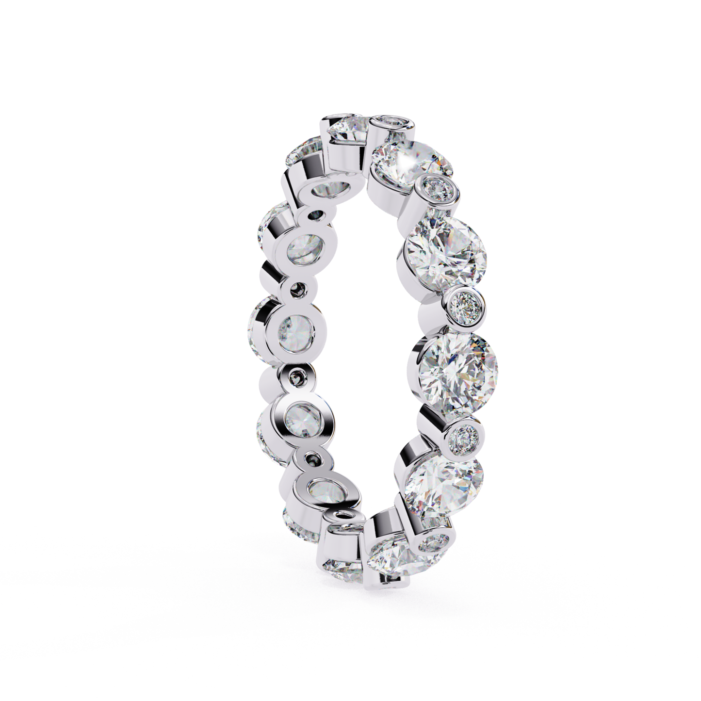 Angled side view of a white gold eternity band featuring round cut diamonds