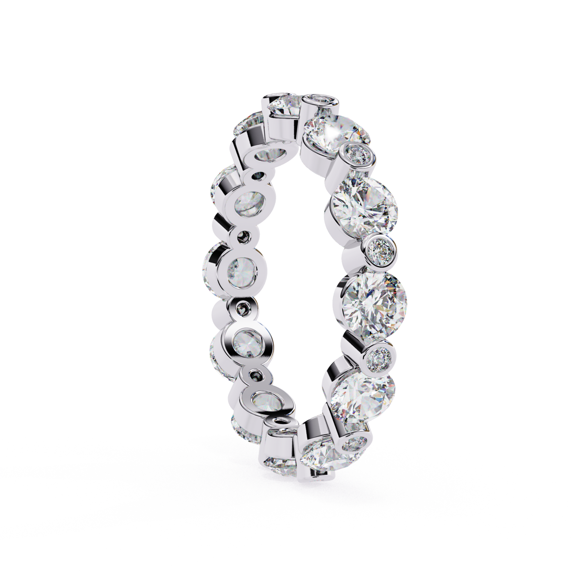 Angled side view of a white gold eternity band featuring round cut diamonds