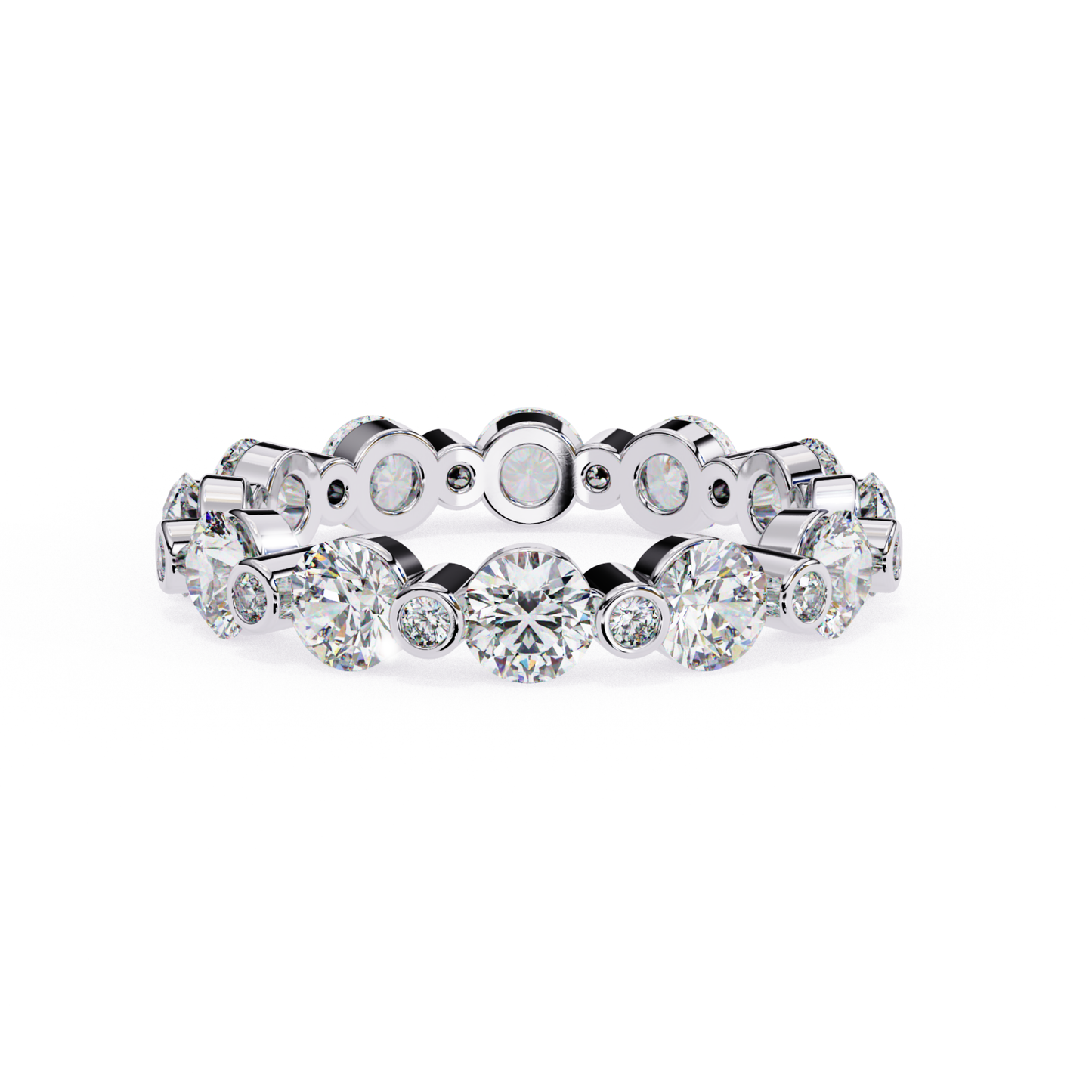 Front view of a white gold eternity band featuring round diamonds in bezel settings