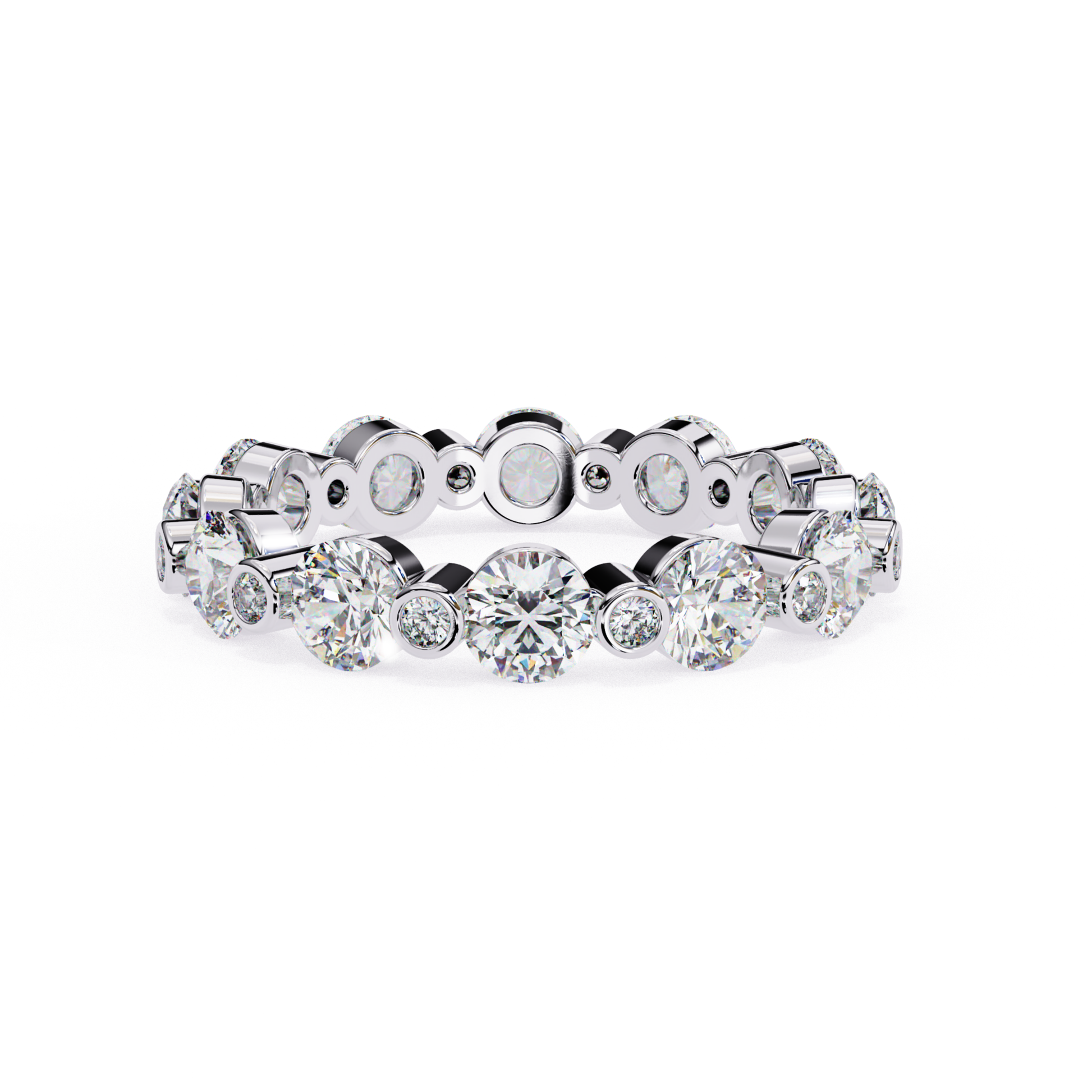 Front view of a white gold eternity band featuring round diamonds in bezel settings