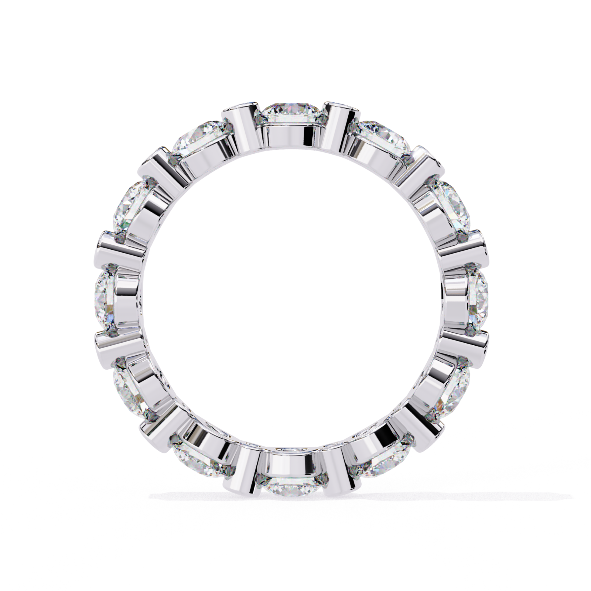 Inside view of a white gold eternity band featuring round cut diamonds