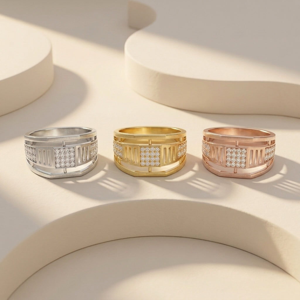 Round lab grown diamond openwork ring in three metal colors
Round diamond statement ring in white yellow and rose gold
Wide round diamond open gallery ring metal options
Round diamond geometric ring available in three finishes
Round diamond designer band in multiple metal colors
IGI certified round diamond openwork ring collection
Modern round diamond wide ring color comparison
Round diamond luxury statement ring metal variations
Men's round diamond architectural ring available in three metals
Round diamond